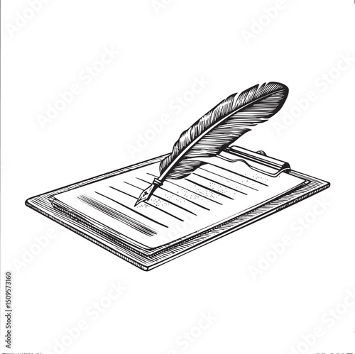 black and white sketch depicts a quill pen resting on a clipboard with lined paper.