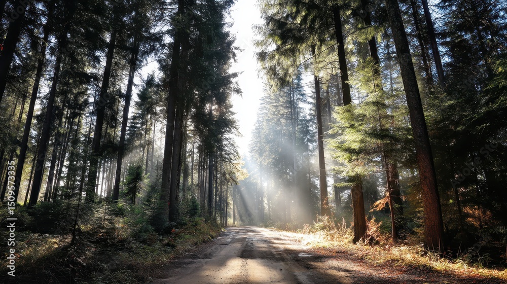 Obraz premium Sunlit Path Through Majestic Pine Forest