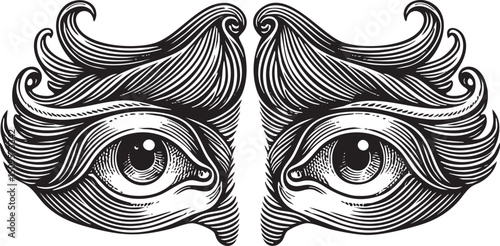 Two stylized eyes with intricate swirling .
