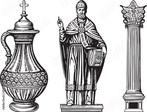 bishop gestures towards a decorative goblet and column.