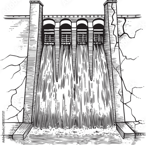 towering concrete dam releases a cascade of water.