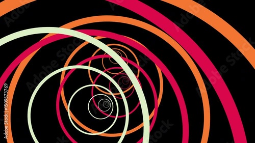 Rotating Spiral with Hypnotic Multi-Color Patterns and Glowing Circle Wave Animation in Futuristic Geometric Style for Creative VJ Visuals on Transparent Alpha Channel Loop