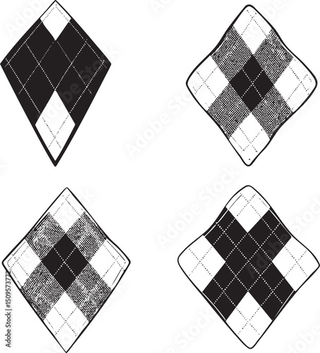 Four distinct geometric shapes are presented in a black and white arrangement showcasing intricate .
