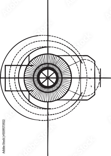 detailed technical showcases a complex mechanical component with concentric circles and intersecting lines.