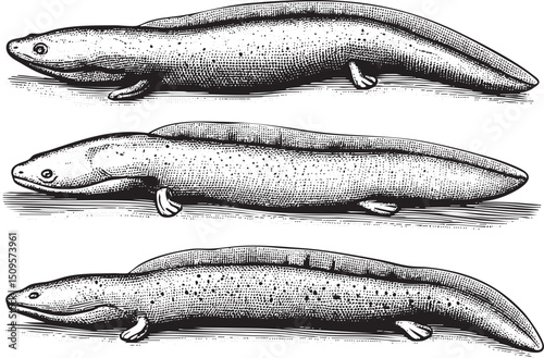 Three sleek dark-colored salamanders are depicted in a detailed black and white engraving.