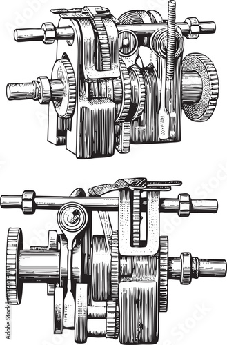 Two intricate mechanical gears rotate in a detailed .