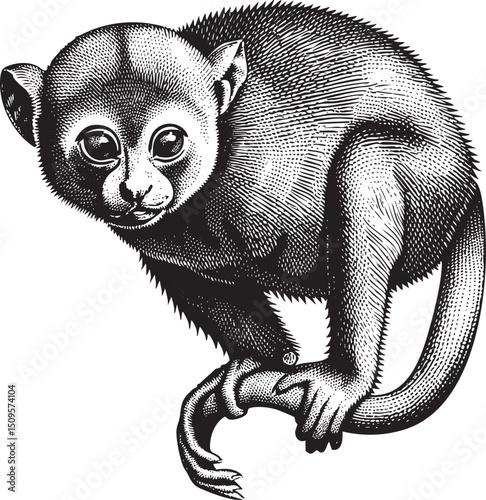 small primate peers curiously from a shaded position.