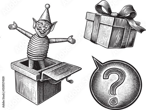 elf character emerges from a wooden box with a gift and a question mark.