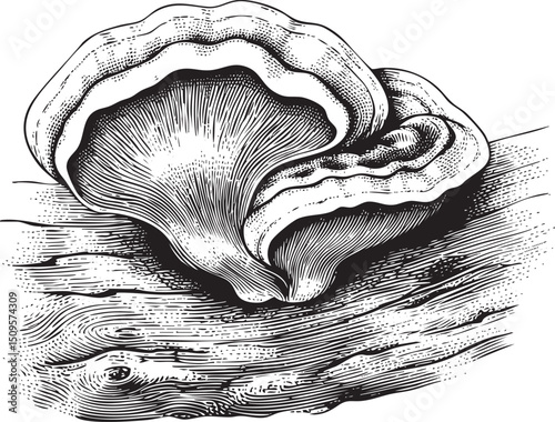 large textured mushroom rests on a weathered wooden surface.
