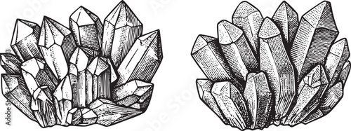 Two clusters of jagged crystals are displayed in a stark black and white .