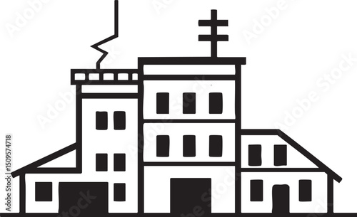 stark black and white depicts a multi-story building with a steeple.