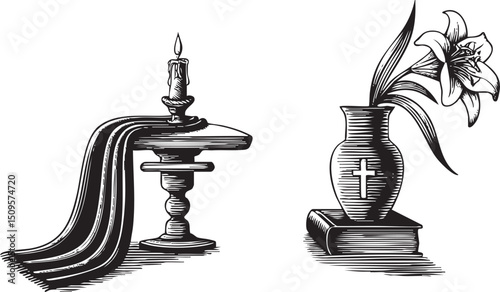 black candle rests on a pedestal beside a vase containing a white lily.