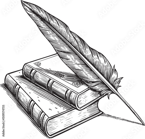 Two antique books rest atop a quill pen.