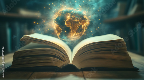 An open book with a glowing, magical Earth emerging from its pages in a library setting