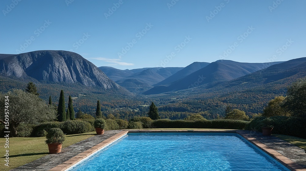 Obraz premium Picturesque mountain view overlooking a swimming pool.