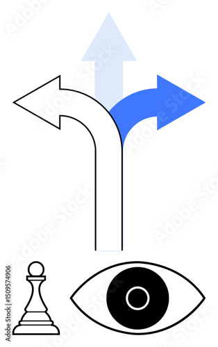Three diverging arrows representing choices, a chess pawn for strategy, and an eye for insight. Ideal for decision analysis, strategy, growth, innovation, vision, planning simple landing page