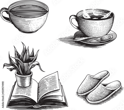 Two steaming mugs of dark beverage rest on a white plate beside a potted plant and open book.