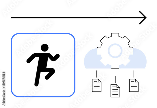 Arrow signifying progress, running figure symbolizing action, cloud with gear for automation, and document outputs. Ideal for workflow, productivity, innovation, progress, digital transformation