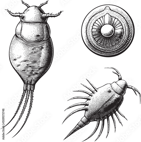 detailed engraving depicts a marine invertebrate with a segmented body and delicate appendages.