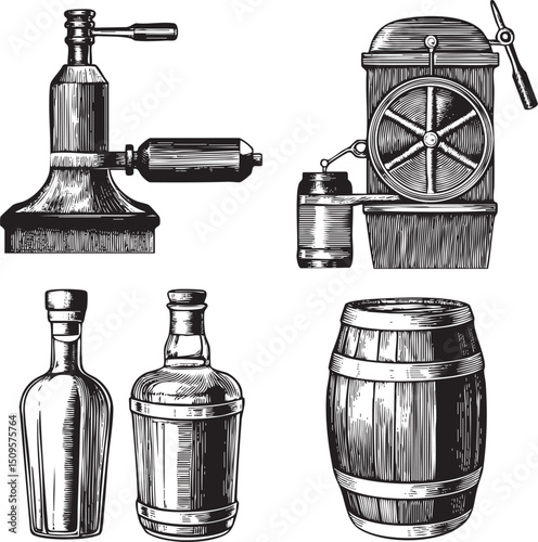 Vintage mechanical mill and bottle collection