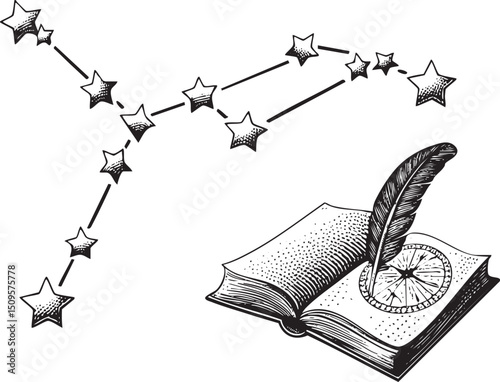 book rests atop a writing implement surrounded by ascending stars.