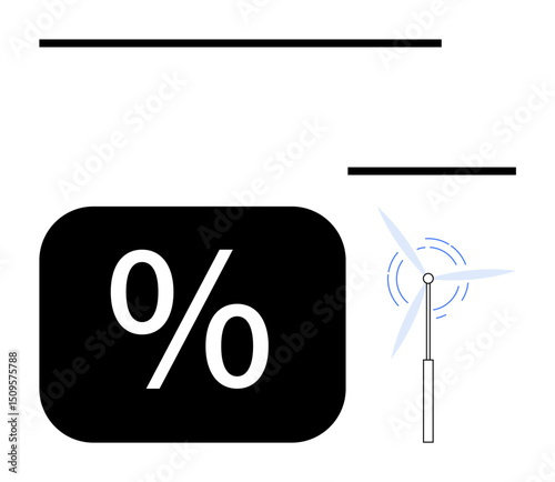 Black percentage sign in bold rectangle alongside a minimalist wind turbine. Ideal for renewable energy, efficiency, sustainability, clean technology, savings, eco-concepts, clean energy transition