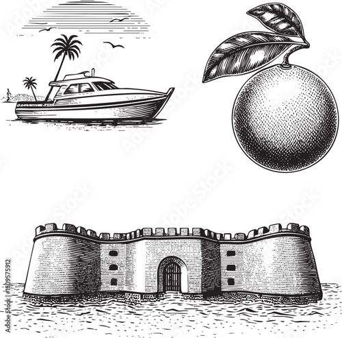 detailed black and white depicts a boat sailing towards a large citrus fruit with a fortified coastal structure in the background.