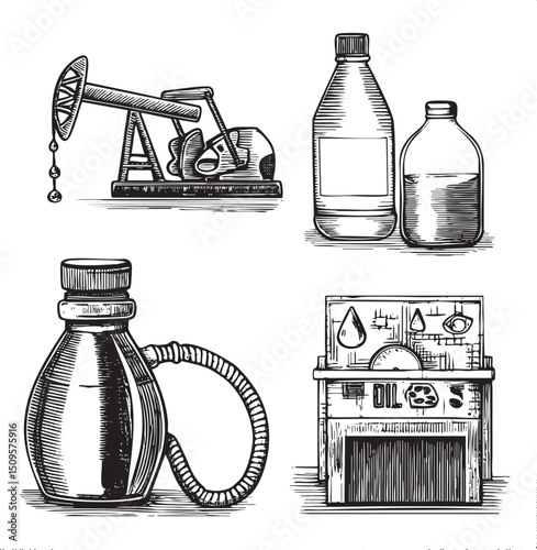 detailed depicts an oil derrick and various containers of petroleum.