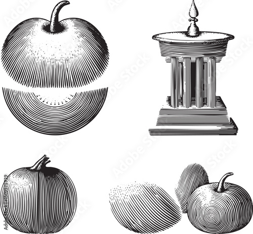 set of stylized fruit illustrations including a halved and a column-like structure.