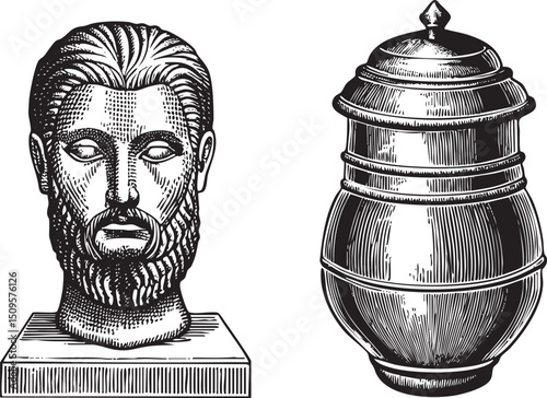 detailed black and white bust of a man sits beside an ornate ceramic vessel.