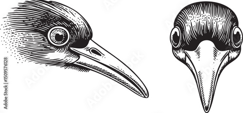 Two stylized bird heads face each other in a monochrome .