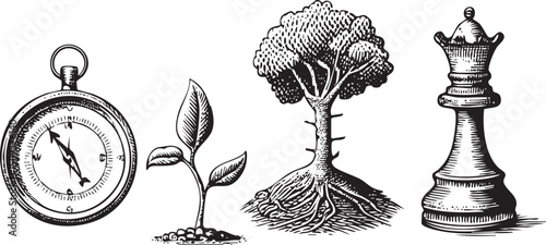 compass guides a young plant towards a mature tree with a chess piece symbolizing strategy.