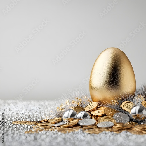 A luxurious golden egg sits atop a pile of sparkling silver coins creating a visually captivating and opulent scene that symbolizes wealth prosperity and passive income photo