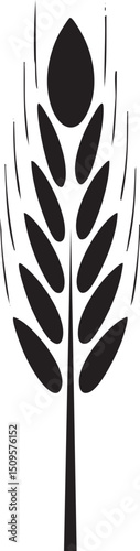 stylized black wheat stalk rises vertically against a white background.
