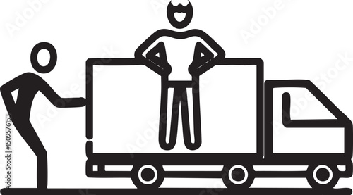 Two figures collaboratively lift a large rectangular package.