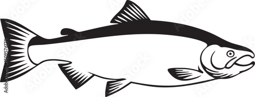 stylized black fish swims gracefully through clear water.