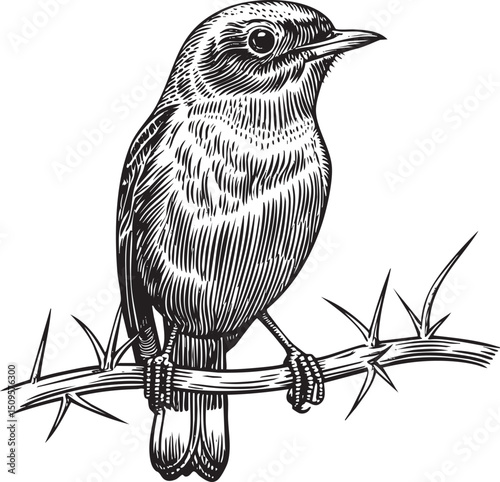 small bird perches on a dark thorny branch.
