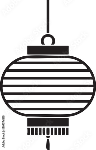 stylized black lantern hangs suspended from a simple cord.