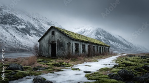 Ethereal winter landscape featuring abandoned moss covered building in Iceland