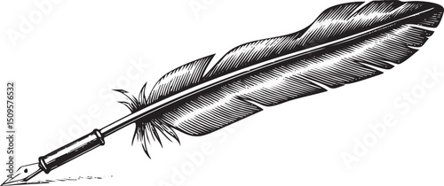 black quill pen rests on a white parchment surface.