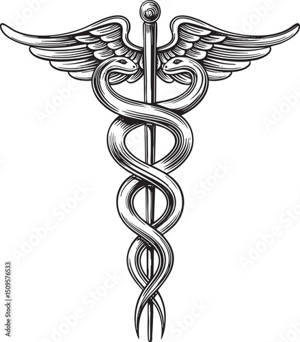 stylized black and white caduceus symbol with wings.