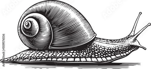 black and white depicts a snail traversing a watery surface.