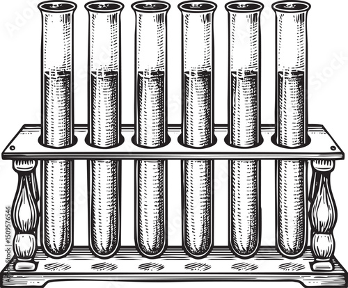 row of glass test tubes sits on a wooden laboratory shelf.