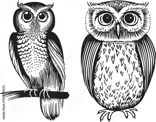 Two stylized owls sit perched on branches against a white background.