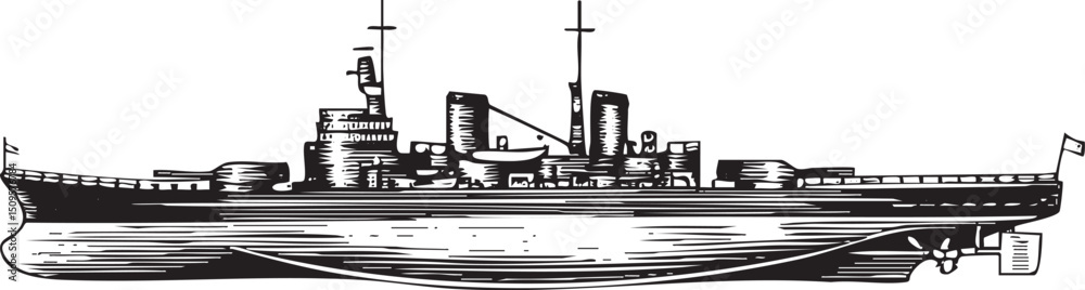 Obraz premium vintage black and white depicts a naval ship sailing on the water.