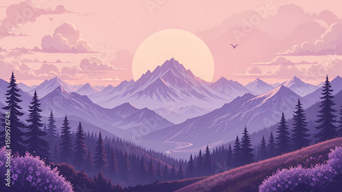 purple theme Sunset mountain elopement wedding invitation plain modern flat illustration background with copy space backdrop