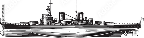 vintage black and white depicts a naval ship sailing on the water.