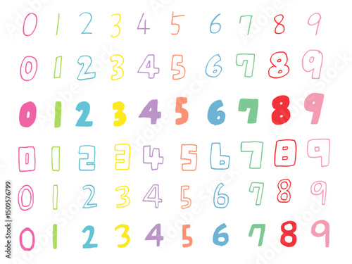 手書き文字セット　数字　色えんぴつ　カラフル