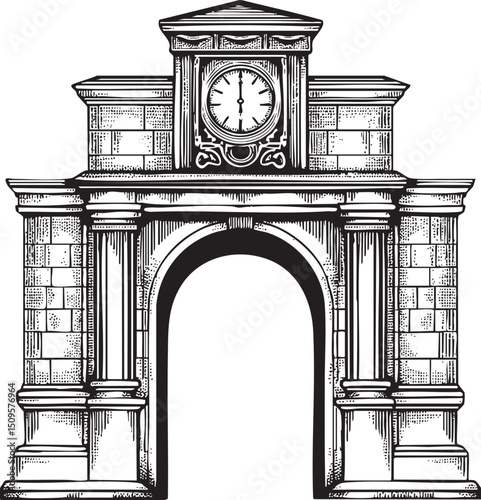 black and white depicts a stone gateway with a prominent clock tower.