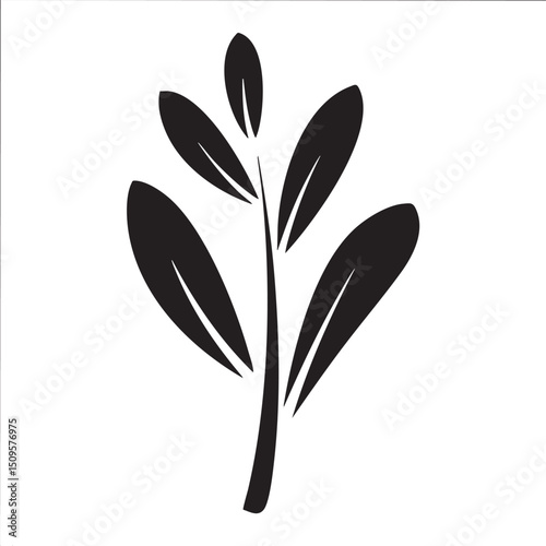 stylized black leaf branch rests on a white background.